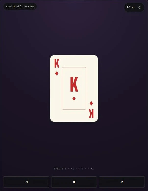 Count practice in the Blackjack trainer: card 1 off the shoe is the king of diamonds, with −1, 0 and +1 buttons to call its Hi-Lo value